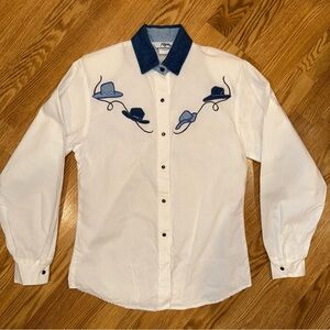 Vintage Roper White Shirt with Blue Hat Embroidery sz Small